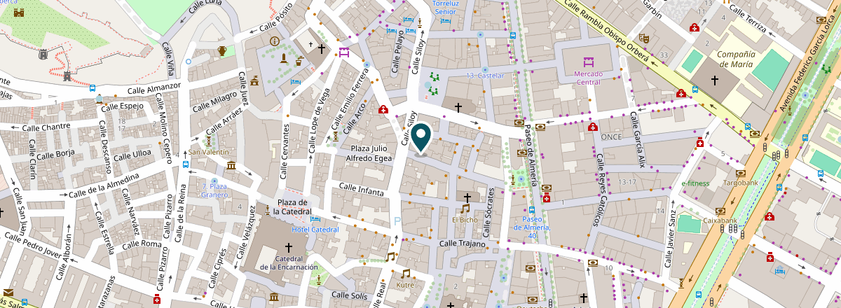 Plano del centro de Almería con la situación del Registro: calle Padre Luque, 26, junto a la calle Siloy